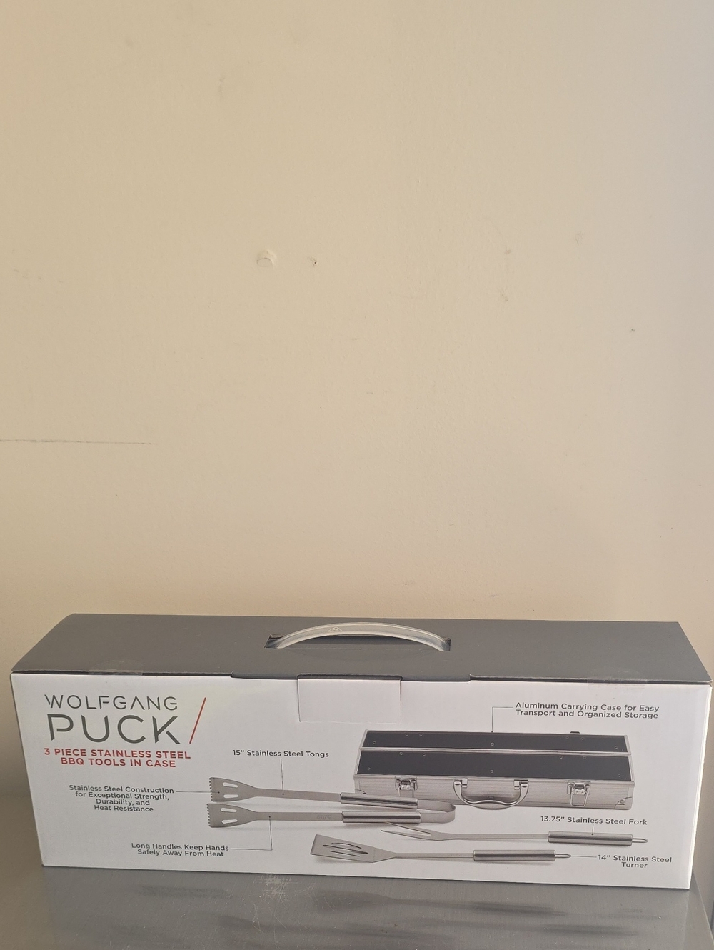 Wolfgang Puck 3-Piece Stainless Steel BBQ Tool Set in Silver with Carrying Case